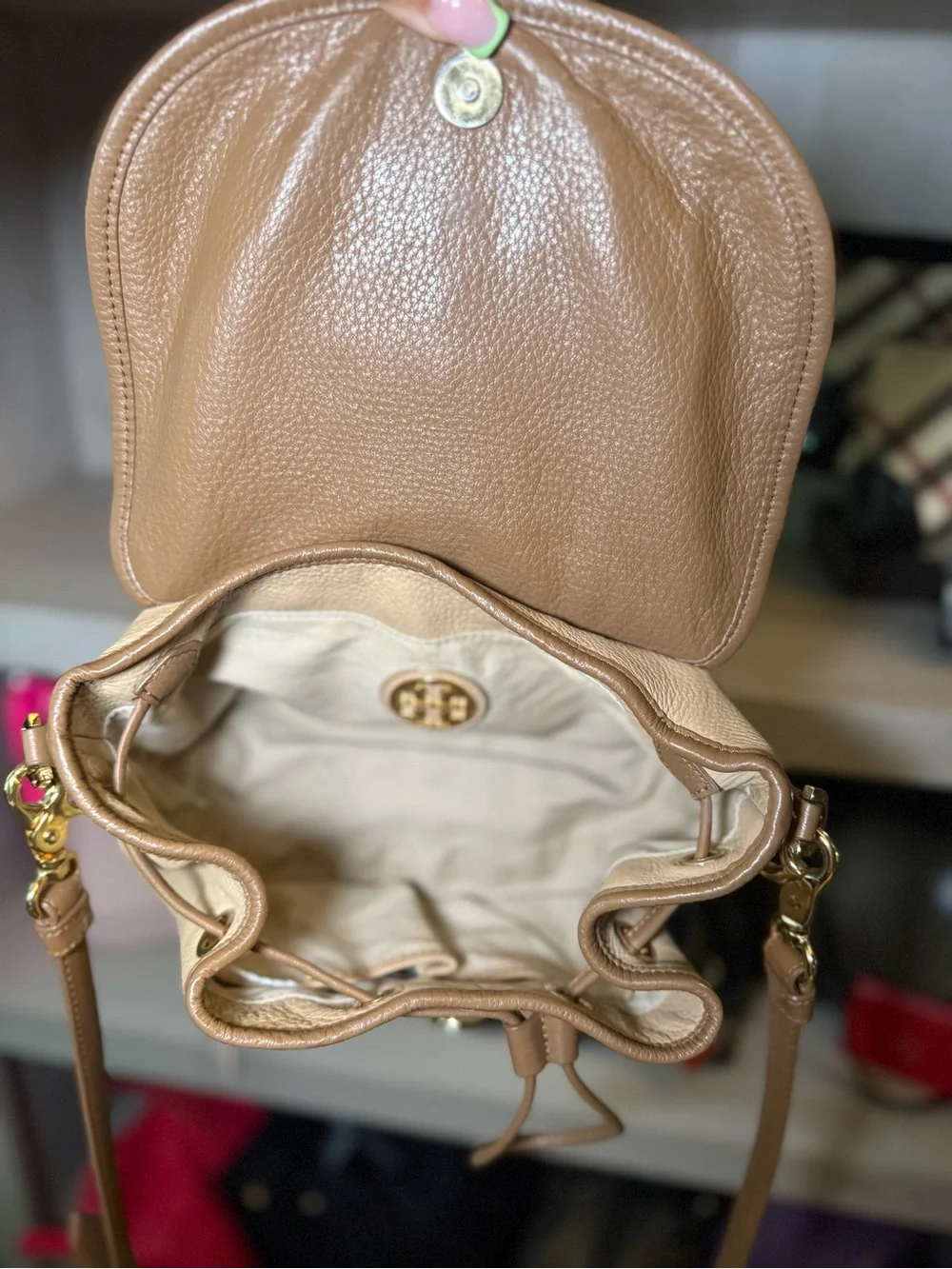 Tory Burch Two-Tone Camel and Beige Pebbled Leather Crossbody